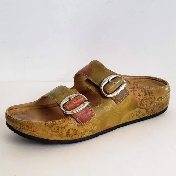 Boho ARAVON Slides Genuine Leather Mustard Floral sandal Slip-on Sandal Flats - Picture 1 of 16